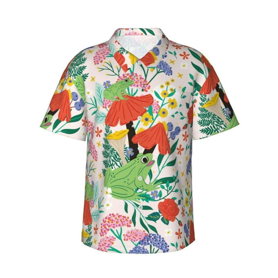 Easygdp Mushroom and Frogs Men's Hawaiian Shirts Print Lapel Short Sleeve for Beach, vacation, party, casual occasions - Medium