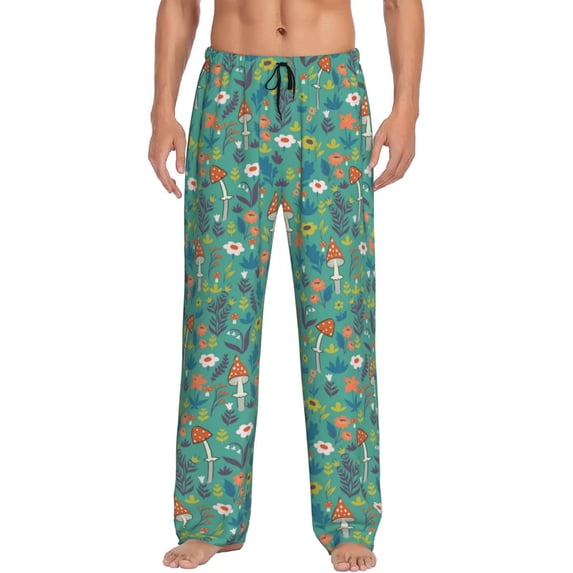 Easygdp Mushrooms and Flowers Men's Pajama Pant, Sleep Elastic Waistband Lounge Pants - X-Large