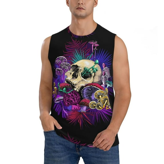 Easygdp Mushrooms and Skull Men's Breathable Tank Tops Sleeveless Sporty T Shirts for Basketball, Mountaineering, Bodybuilding -Medium
