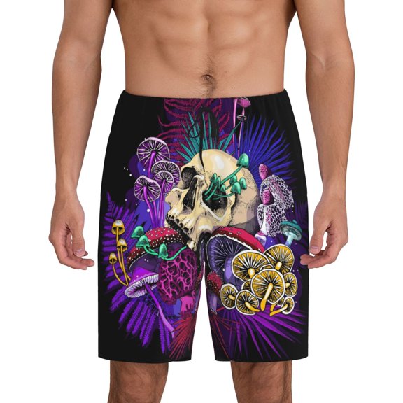 Easygdp Mushrooms and Skull Men's Short Pajama Pants, Sleep Shorts, Household Pants, Casual Pants with Pockets - Medium