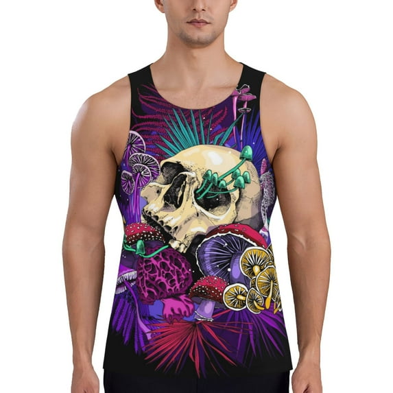 Easygdp Mushrooms and Skull Men's Tank Top, Sleeveless Muscle T Shirts, Breathable, Quick-Dry, Loose for Gym, Running, Fitness - Medium