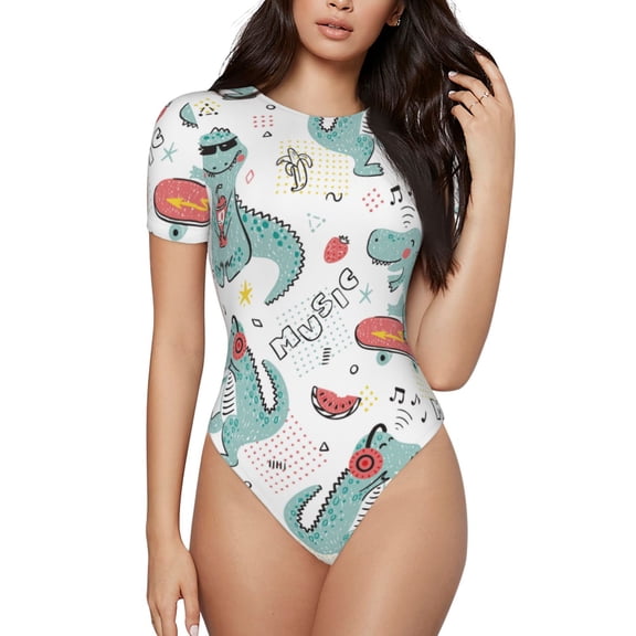 Easygdp Music Lover Dinosaur Women's One-Piece Swimsuit Slim Fit Crew Neck Bodysuit Athletic Swimwear with Concealed Buckle - XX-Large