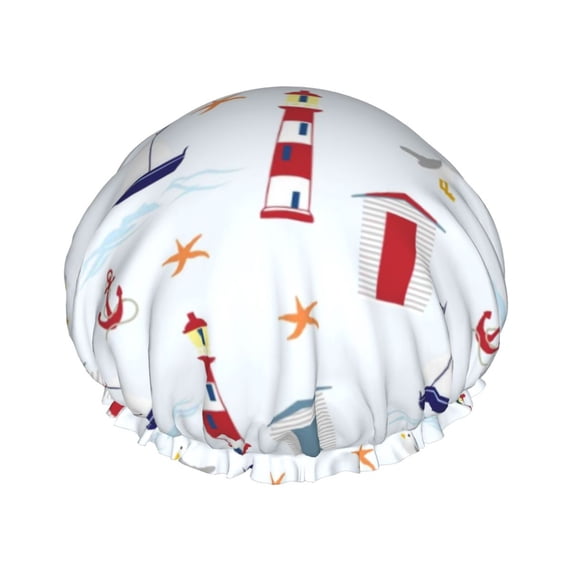 Easygdp Nautical Lighthouse Sailboat Shower Caps for Women, Double Waterproof Layers Shower Cap, Quick Drying Bath Hair Cap Reusable