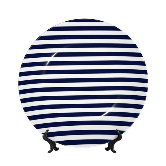 Easygdp Navy Blue And White Stripes Bone China Decorative Plate Ceramic Dinner Plates Art Crafts with Display Stand-8in