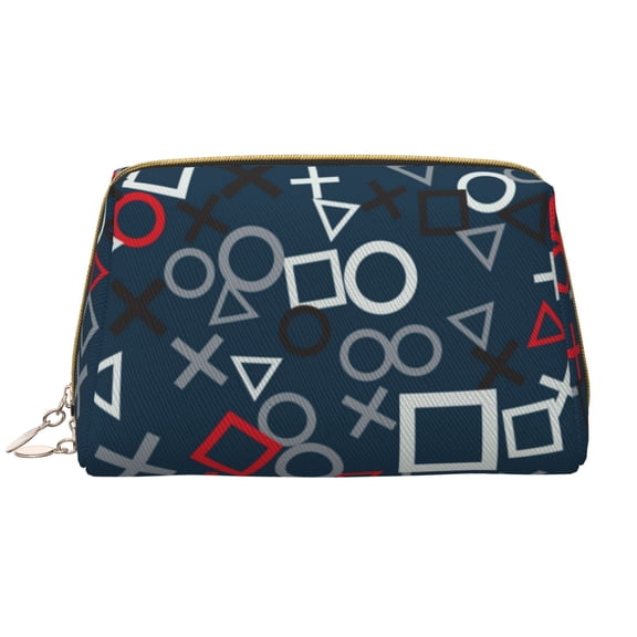 Easygdp Navy Blue Geometric Leather Makeup Bag Zipper Pouch Travel Cosmetic Organizer for Women and Girls, Make up Bag with Zipper