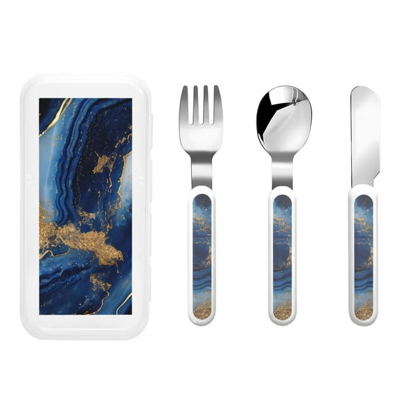 Easygdp Navy Blue Marble 3-Piece Flatware Set Kids Silverware, Stainless Steel Toddler Kids Utensils Safe for Preschooler Children
