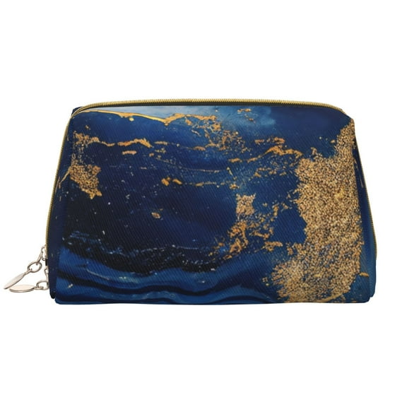Easygdp Navy Blue Marble Leather Makeup Bag Zipper Pouch Travel Cosmetic Organizer for Women and Girls, Make up Bag with Zipper