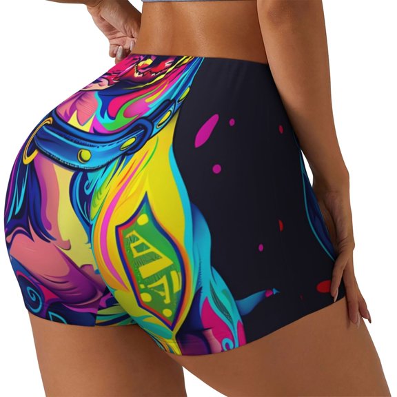 Easygdp Neon Pop Art Pitbull Yoga Shorts with Pockets for Women,Women's Biker Shorts Workout Gym Running Volleyball,Tummy Control-