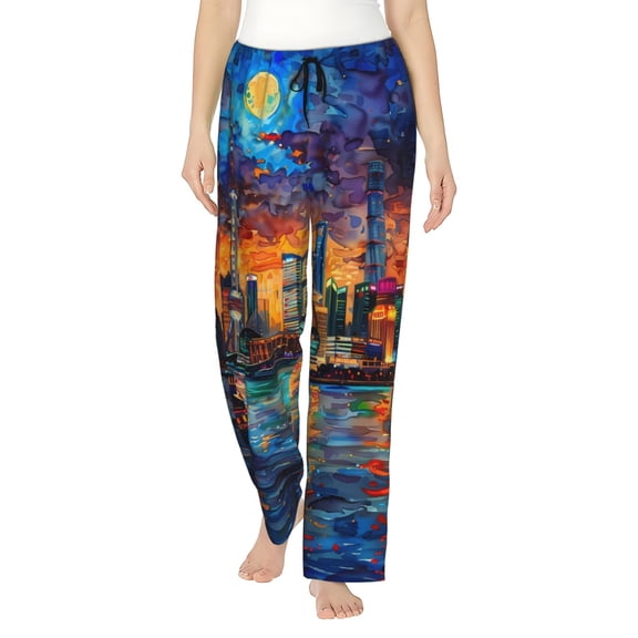 Easygdp Neon Shanghai Cityscape Night Women's Drawstring Pajama Pants | Lounge Joggers Sweatpants | Comfy Sleepwear | Yoga Pants-Small