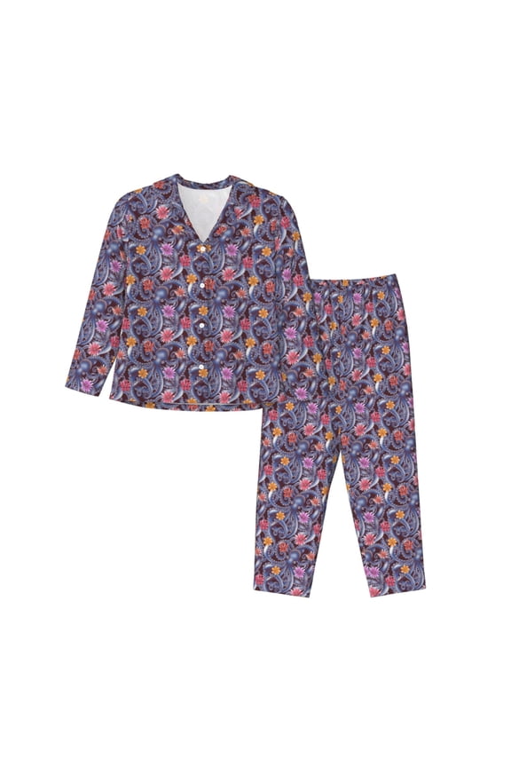 Octopus and flower Women's Long-Sleeve Shirt and Full-Length Bottom Pajama Set,Two Piece Loungewear Soft Pajama Top and Pants Pjs Sleepwear-Large