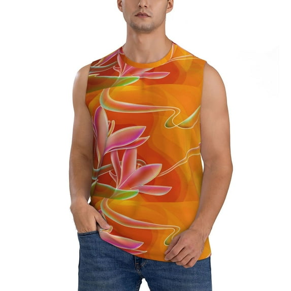 Easygdp Orange Flower Psychedelic Men's Breathable Tank Tops Sleeveless Sporty T Shirts for Basketball, Mountaineering, Bodybuilding -X-Large