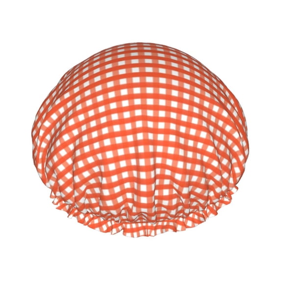 Easygdp Orange Gingham Shower Caps for Women, Double Waterproof Layers Shower Cap, Quick Drying Bath Hair Cap Reusable