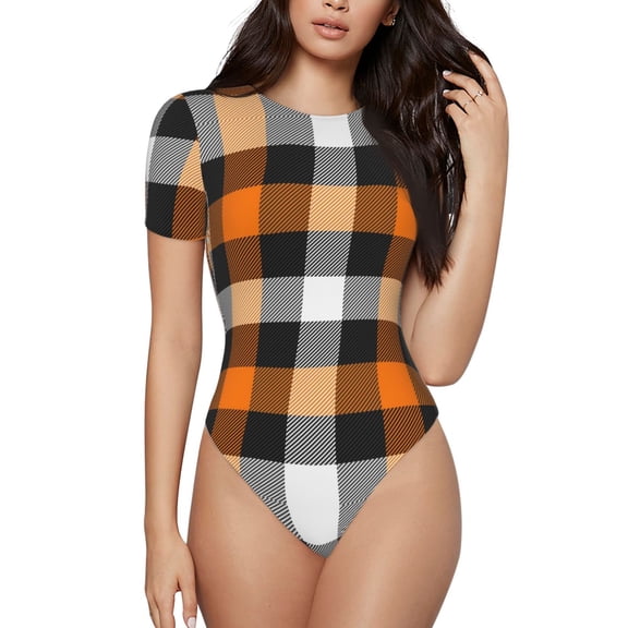 Easygdp Orange Plaid Women's One-Piece Swimsuit Slim Fit Crew Neck Bodysuit Athletic Swimwear with Concealed Buckle - Large