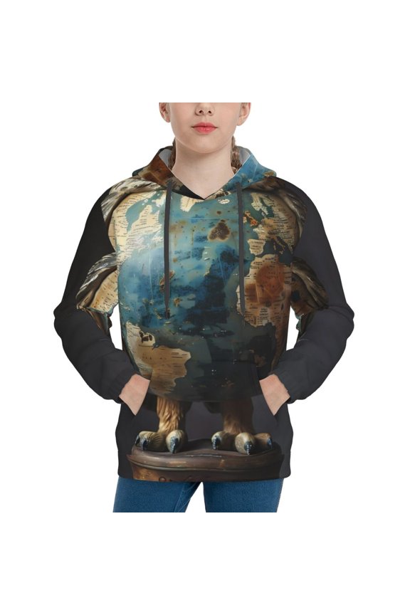 Owl Globe Sculpture Boys Hoodie Kids Sweatshirt Youth Pullover With Hood-Medium