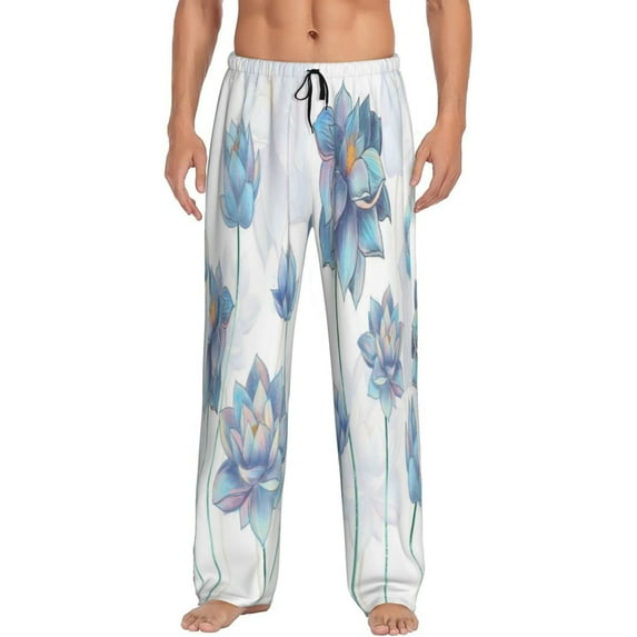 Easygdp Pale Blue Lotus Flowers Men's Pajama Pant, Sleep Elastic Waistband Lounge Pants - Medium