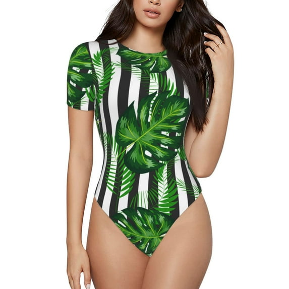 Easygdp Palm Greenery Women'S Waist-Cinching Short-Sleeved Onesie, Olastic Onesiet,Snaps At Bottom,Easy To Put On And Take Off - Large