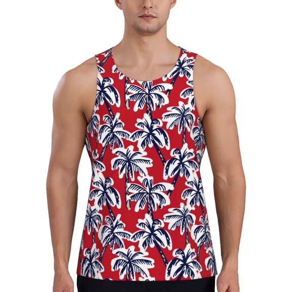 Easygdp Palm Tree Pattern on Red Men's Tank Top, Sleeveless Muscle T Shirts, Breathable, Quick-Dry, Loose for Gym, Running, Fitness - Large
