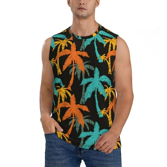 Easygdp Palm Trees Men's Breathable Tank Tops Sleeveless Sporty T Shirts for Basketball, Mountaineering, Bodybuilding -Small