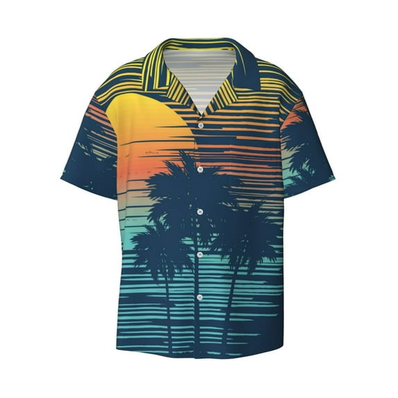Easygdp Palm Trees Men's Casual Short-sleeved Shirt with Pocket and Button Suitable for Beach Vacation Leisure - Large
