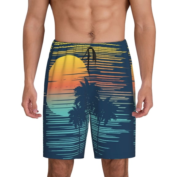 Easygdp Palm Trees Men's Short Pajama Pants, Sleep Shorts, Household Pants, Casual Pants with Pockets - Small