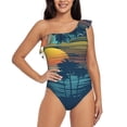 thumbnail image 1 of Easygdp Palm Trees Women's One Shoulder Ruffle Monokini Bathing Suits with Removable Chest Pad, Quick Drying - Medium, 1 of 8