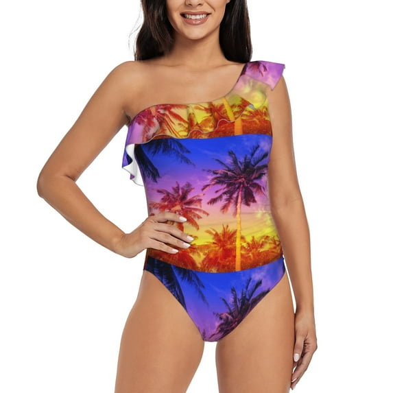 Easygdp Palm Trees at Sunset Women's One Shoulder Ruffle Monokini Bathing Suits with Removable Chest Pad, Quick Drying - XX-Large