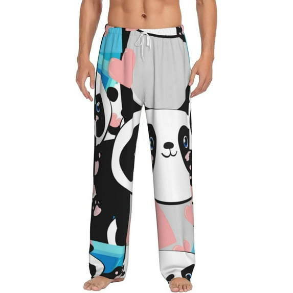 Easygdp Panda Cute Pink Hearts Men's Pajama Pant, Sleep Elastic Waistband Lounge Pants - Medium