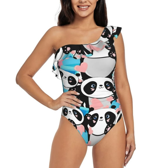 Easygdp Panda Cute Pink Hearts Women's One Shoulder Ruffle Monokini Bathing Suits with Removable Chest Pad, Quick Drying - Small