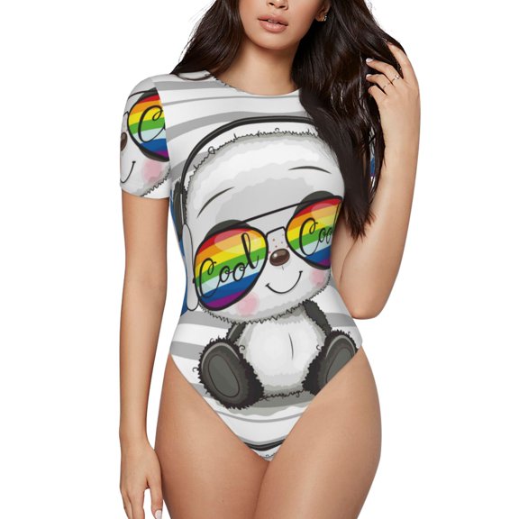 Easygdp Panda With Sun Glasses Women'S Waist-Cinching Short-Sleeved Onesie, Olastic Onesiet,Snaps At Bottom,Easy To Put On And Take Off - Xx-Large