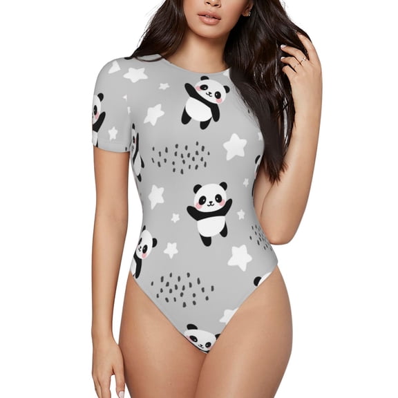 Easygdp Pandas Women's One-Piece Swimsuit Slim Fit Crew Neck Bodysuit Athletic Swimwear with Concealed Buckle - Small