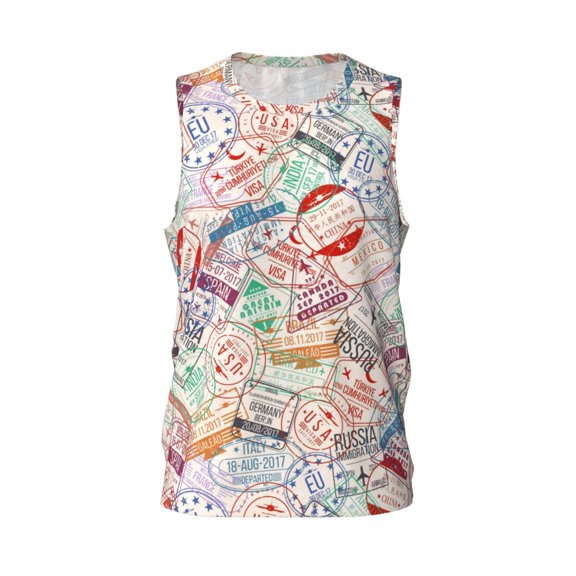 Easygdp Passport Stamp Men's Mesh Basketball Jersey Quick Drying Sleeveless Shirts Fitted Muscle Tank Tops Sport Round Neck T-Shirt - Large