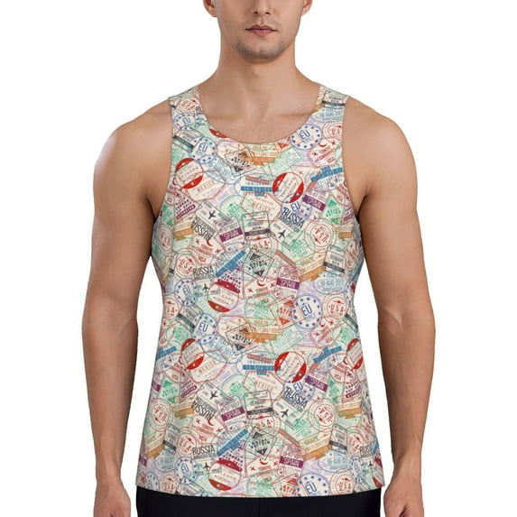 Easygdp Passport Stamp Men's Tank Top, Sleeveless Muscle T Shirts, Breathable, Quick-Dry, Loose for Gym, Running, Fitness - XX-Large