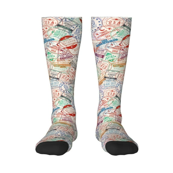 Easygdp Passport Stamp Soccer Socks Sport Knee High Socks Calf Compression Athletic Socks for Men and Women