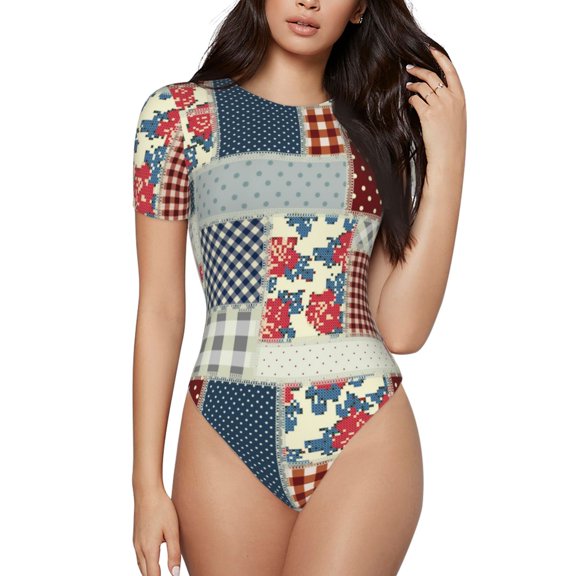 Easygdp Patchwork In Country Style Women's One-Piece Swimsuit Slim Fit Crew Neck Bodysuit Athletic Swimwear with Concealed Buckle - Large