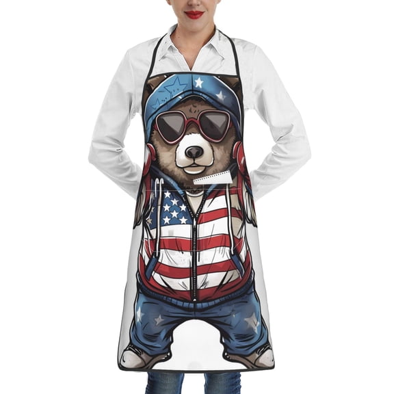 Easygdp Patriotic Boxing Bear Art Apron Waterdrop Resistant with 2 Pockets,Oil Resistant Cooking Kitchen Chef Apron for Women Men