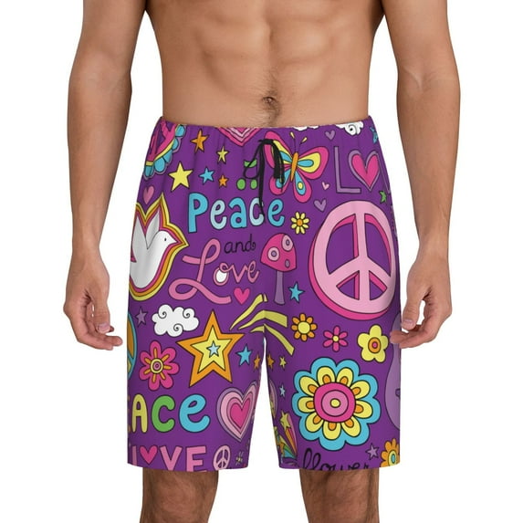 Easygdp Peace Love and Dove Flower Power Men's Short Pajama Pants, Sleep Shorts, Household Pants, Casual Pants with Pockets - 3X-Large