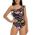 thumbnail image 1 of Easygdp Peace Love and Dove Flower Power Women's One Shoulder Ruffle Monokini Bathing Suits with Removable Chest Pad, Quick Drying - Medium, 1 of 8