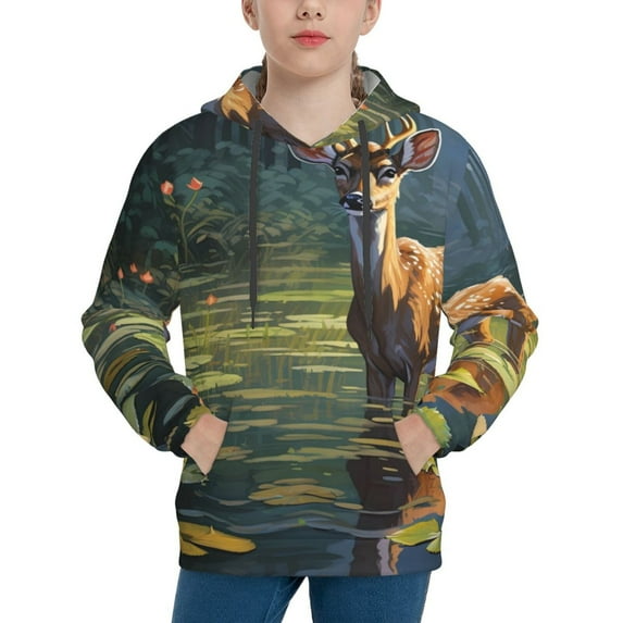 Easygdp Peaceful Deer Lily Pond Boys Hoodie Kids Sweatshirt Youth Pullover With Hood-Large
