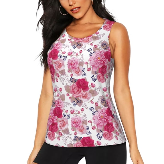 Easygdp Peonies And Roses Women's Workout Tank Top, Running Top, Hiking Shirt, Quick-Dry for Running, Yoga, Hiking - Small