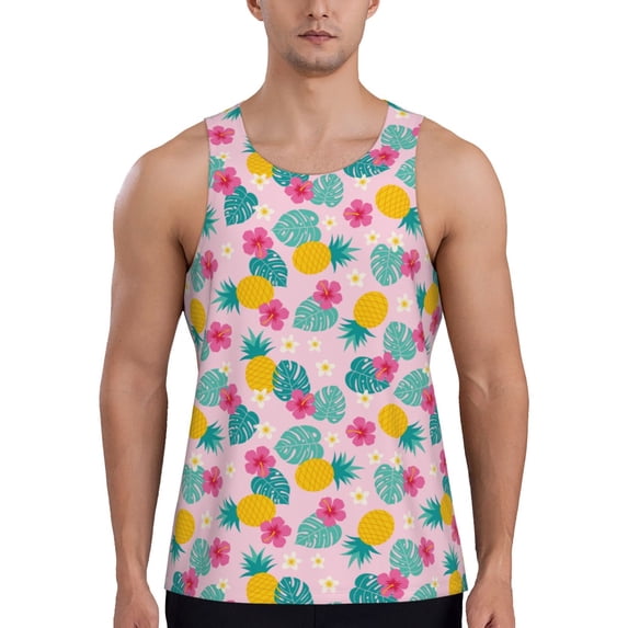 Easygdp Pineapple And Leaves Men's Tank Top, Sleeveless Muscle T Shirts, Breathable, Quick-Dry, Loose for Gym, Running, Fitness - 3X-Large