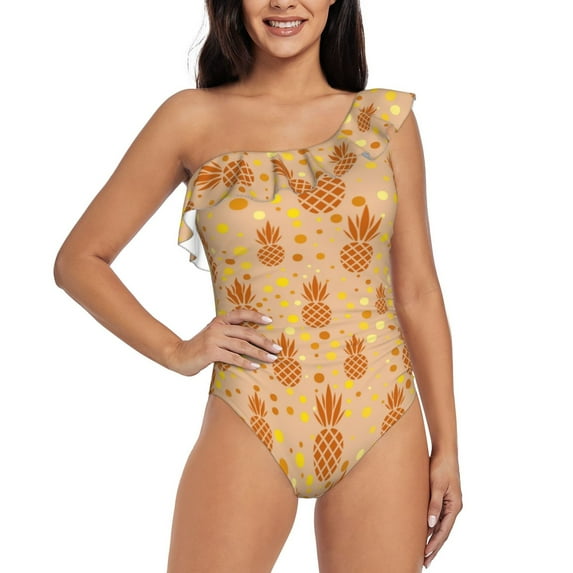 Easygdp Pineapples Women's One Shoulder Ruffle Monokini Bathing Suits with Removable Chest Pad, Quick Drying - Medium