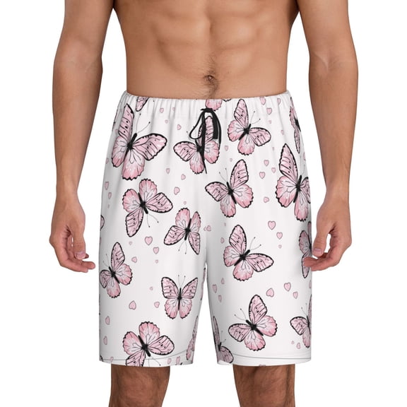 Easygdp Pink Butterflies (2) Men's Short Pajama Pants, Sleep Shorts, Household Pants, Casual Pants with Pockets - Small