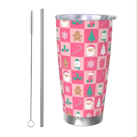 Easygdp Pink Christmas Cheer 20oz Stainless Steel Vacuum Insulated Double Wall Travel Tumbler, Durable Insulated Coffee Mug with Spillproof Lid-Straw Two-piece Set