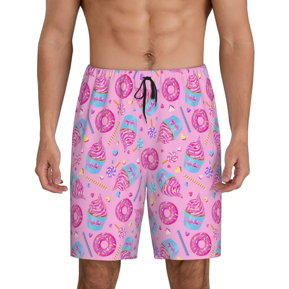 Easygdp Pink Donuts Men's Short Pajama Pants, Sleep Shorts, Household Pants, Casual Pants with Pockets - Small