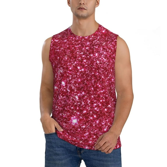 Easygdp Pink Glitter Men's Breathable Tank Tops Sleeveless Sporty T Shirts for Basketball, Mountaineering, Bodybuilding -X-Large
