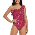 thumbnail image 1 of Easygdp Pink Glitter Women's One Shoulder Ruffle Monokini Bathing Suits with Removable Chest Pad, Quick Drying - Large, 1 of 8