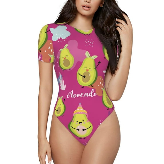 Easygdp Pink Green Avocado Women's One-Piece Swimsuit Slim Fit Crew Neck Bodysuit Athletic Swimwear with Concealed Buckle - Large