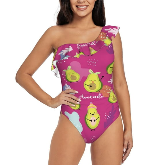 Easygdp Pink Green Avocado Women's One Shoulder Ruffle Monokini Bathing Suits with Removable Chest Pad, Quick Drying - Large