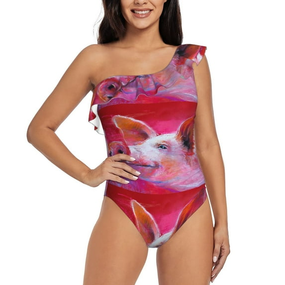 Easygdp Pink Pig Women's One Shoulder Ruffle Monokini Bathing Suits with Removable Chest Pad, Quick Drying - Large