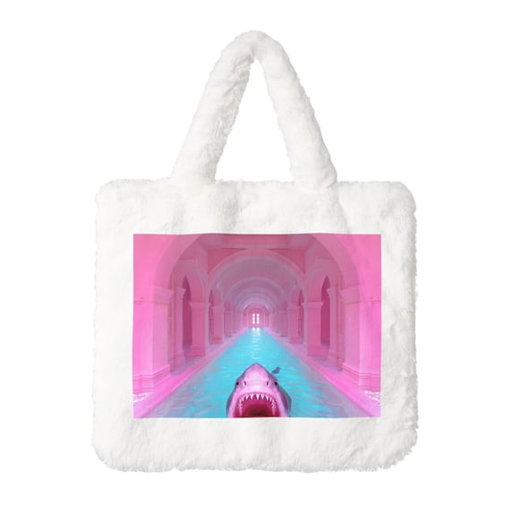 Easygdp Pink Shark Pool Fantasy Plush Underarm Bag, Ladies Fluffy Shoulder Bag, Women Furry Tote Bag Y2K Plush Handbag for Autumn and Winter